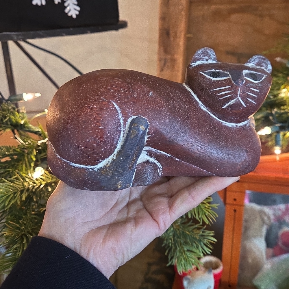 Hand Carved Wooden Cat Sculpture